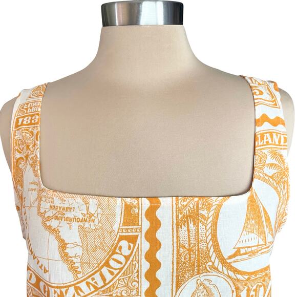 Artlier Nicole Miller Linen Blend Crop Top LG Postal Print Smocked Back Travel - Picture 2 of 8